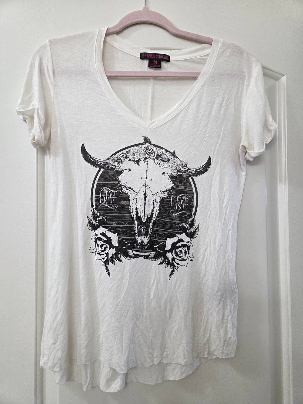 Rock & Roll Cowgirl White V-Neck Tee with Black Bull Skull and Roses